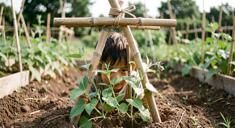 A bamboo pole frame tied at the top with young bean plants climbing the base and a child peering inside