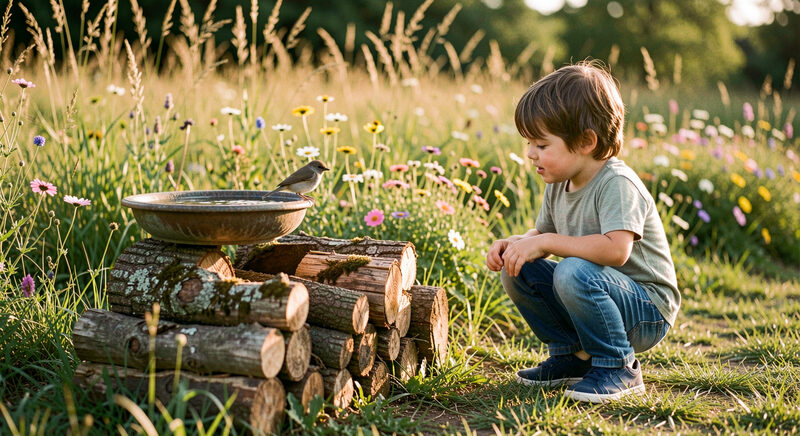 A child crouched beside a small log pile watching a bird bath, wildflowers and tall grasses behind, warm afternoon light.